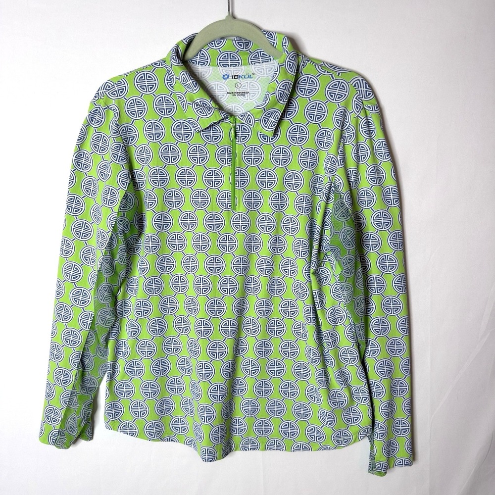 IBKUL Athletic Top Sz L UPF 1/4 Zip Pickleball Tennis Golf Green Print Preppy